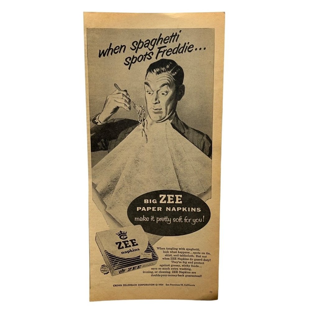 Zee Paper Napkins Vintage Print Ad 1954 When Spaghetti Spots Freddie